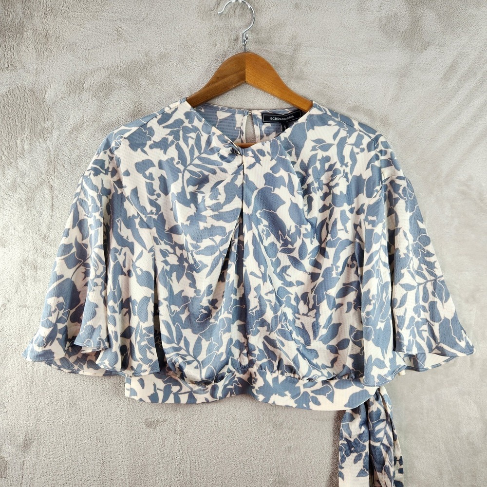 BCBGMAXAZRIA Floral Tie-Waist Bell Sleeve Blouse Flowy Party Cocktail Blush Sz S